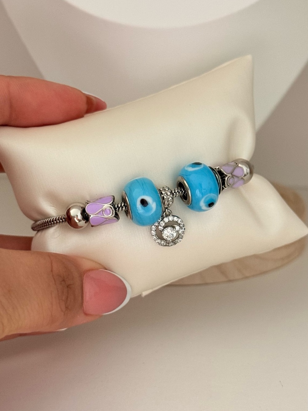 Silver Bracelet with Turquoise Glass Beads and Lavender Enamel Accents